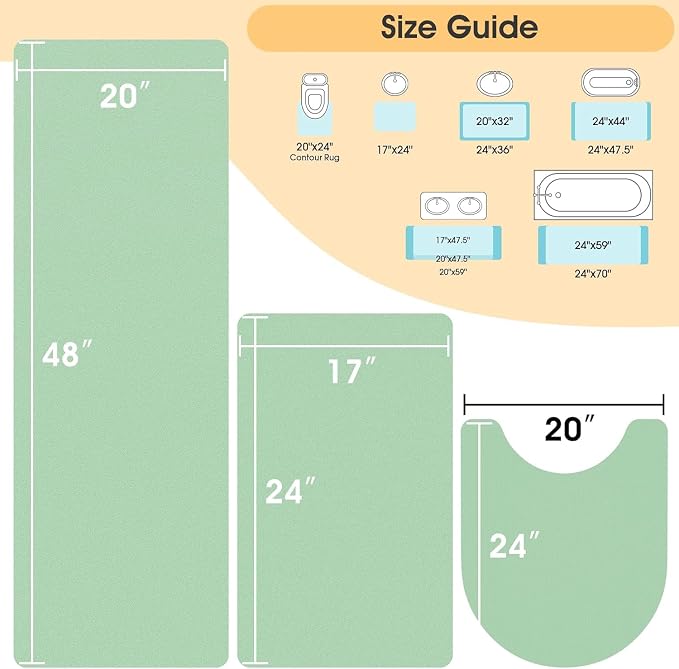 ACCUMTEK Non Slip Bath Mat, Thin Bathroom Rugs Fit Under Door, Quick Dry Bath Mats, Machine Washable Bath Rugs for Bathroom, Bathtub & Kitchen, Bathtub, Sage Green/Solid/3 Piece