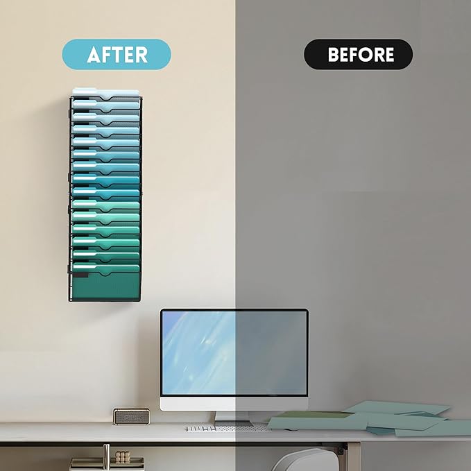 SUPEASY 15-Tier Wall File Organizer, Hanging Wall Files for Papers, Folders, Magazines, Clipboard, Wall Organizer for Office Home School Classroom, Black