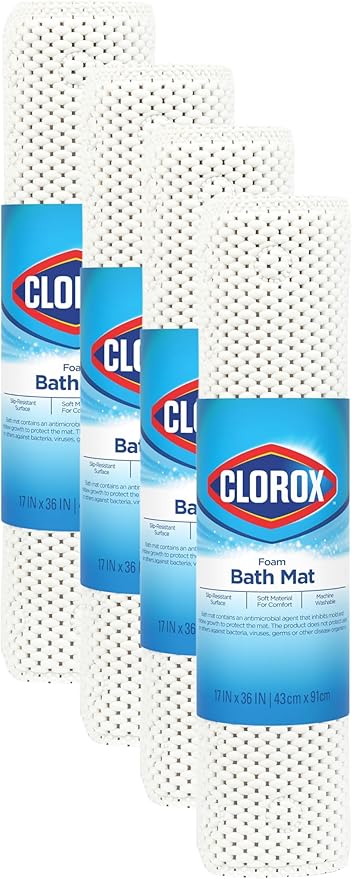 Duck Brand Clorox Cushioned Foam Bath Mat for Tubs, Non-Slip with Suction Cups, 17 Inches x 36 Inches, White (Pack of 4)