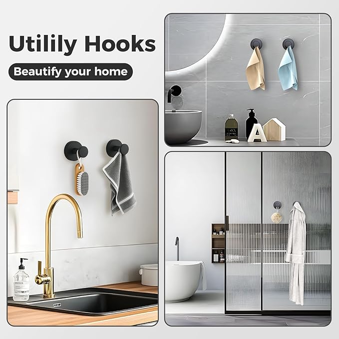 Shower Hooks for Inside Shower,Suction Cup Hooks for Glass Window,Removable Towel Hooks for Bathrooms,6 Packs(Black)