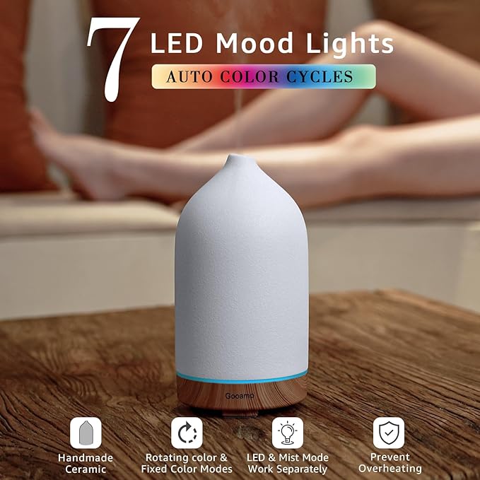 Gooamp 200ML Ceramic Essential Oil Diffuser (2 Pack) - Ultrasonic Aromatherapy & Humidifier with 7-Color LED Lights, Auto Shut-Off, Wood Grain Base, 1H/3H/6H Timer | Scent for Home, Office, Yoga