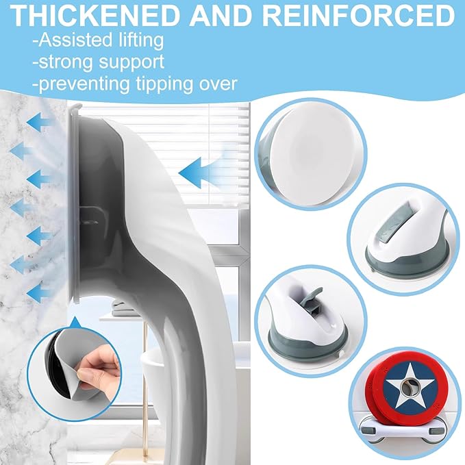 Shower Handles for Elderly Suction Seniors Cup 12 Inch Grey Grab Bar Safety Rail for Bathtubs Showers Bathroom Walls Tub Toilet with Strong Hold Grip Injury Handicap Elderly
