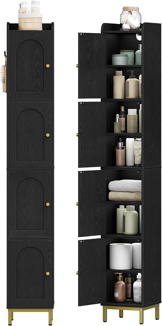 Hzuaneri 4-Tier Narrow Tall Storage Cabinet, Slim Bathroom Storage Cabinet with 4 Adjustable Feet and Shelves, Bathroom Organization for Small Space, Kitchen, Living Room, Laundry Room Black BC43304G
