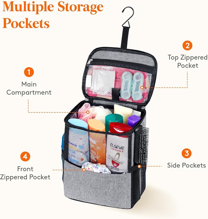 Lifewit Shower Bag Mesh Shower Caddy Portable College Dorm Room Essentials Tote Bag for Bathroom, Gym, Travel, Camping Quick Dry Hanging Shower Organizer Basket Toiletry Bag, Medium, Grey