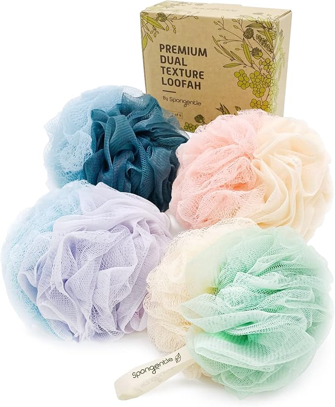 Spongentle Shower Loofah Bath Sponge, Body Scrubber with Soft Mesh, Exfoliating Bath Pouf and Body Wash Sponge for Women and Men, Bath Accessories Cleaning Tool, Large 60g 4 Pack