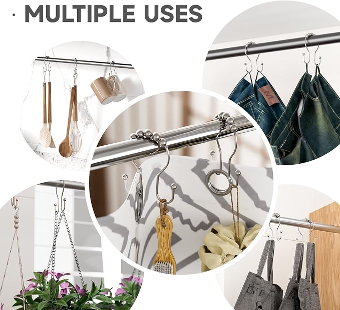 Shower Curtain Hooks Brushed Nickel Shower Curtain Rings Rust Proof, Bathway Balanced Smooth Glide Double Shower Curtain Hooks, Sturdy Shower Hooks for Shower Curtain 12 Pcs Shower Rod Hooks