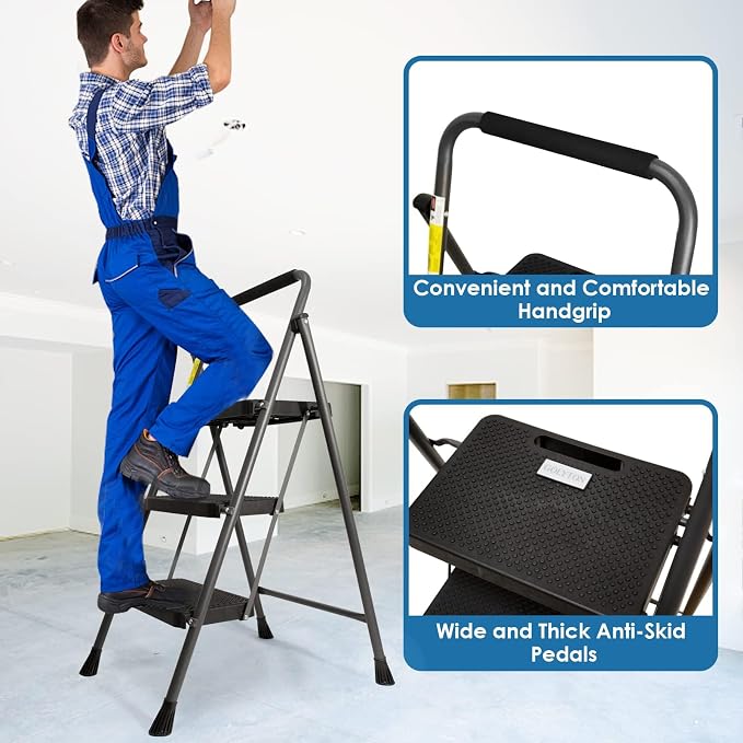 3 Step Ladder, GOLYTON Folding Step Stool with Anti-Slip Wide Pedal & Convenient Handgrip, 500lbs Capacity Steel Ladder for Household and Office, Grey