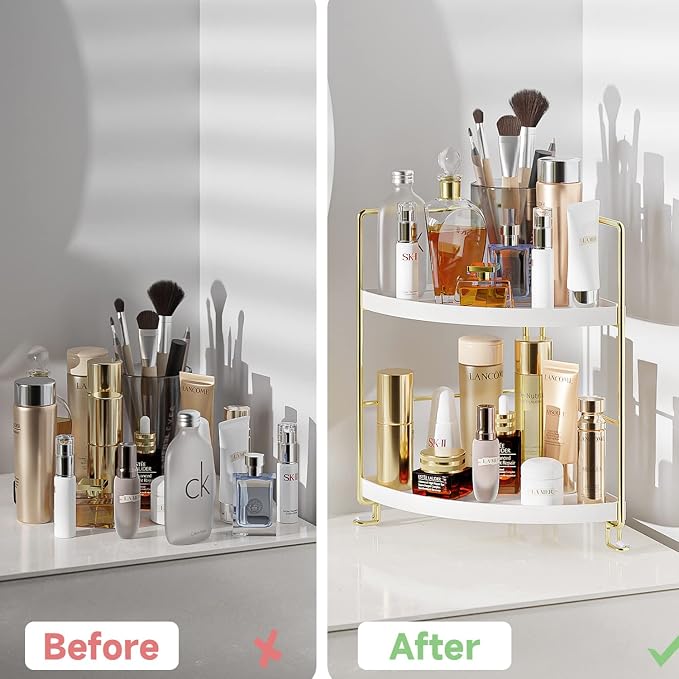 2-Tier Bathroom Corner Counter Organizer, Makeup Storage Shelf Vanity Tray, Bathroom Sink Countertop Organizer, Gold