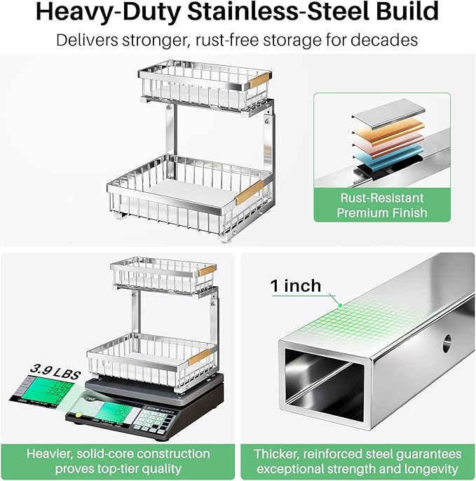 Kitstorack Under Sink Organizer, 2 Tier Under the Sink Storage, Slide out Pull out Cabinet Organizer Shelf, Metal Sliding Drawer for Kitchen Bathroom Pantry Closet Organization Rack, Silver, 1 Pack