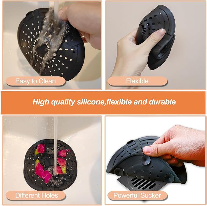 Hair Drain Catcher,Square Drain Cover for Shower Strong Adhesion Silicone Hair Stopper with Suction Cup,Easy to Install Suit for Bathroom,Bathtub,Kitchen 2 Pack (Black Brown)
