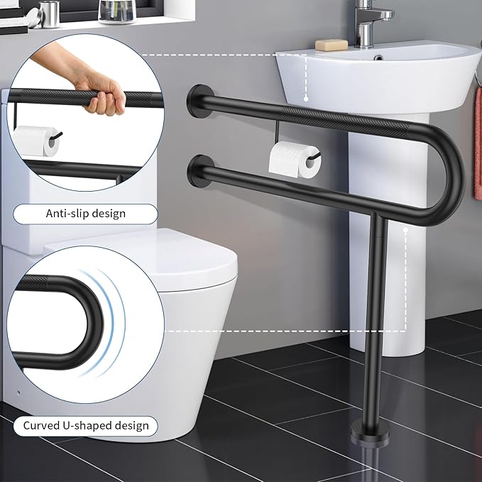 Toilet Support Rail w/Toilet Paper Holder 31.5x28 Inch, ZUEXT Wall to Floor Matte Black Anti-slip Handicap Grab Bar for Bathroom,Stainless Steel Safety handrails with Leg for Elderly Disabled Pregnant