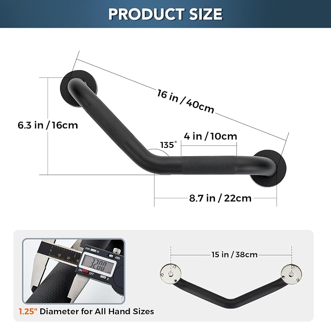 Grab Bars for Bathtubs and Showers- 1-1/4 x 16 Angled Shower Grab Bar for Seniors Knurled Stainless Steel Handicap Grab Bars for Wall (Black, 2 Pack)