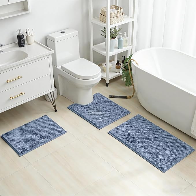 HOMEIDEAS 3 Pieces Bathroom Rugs, Ultra Soft Non Slip Absorbent Chenille Toilet Bath Mat Set (Grey Blue)