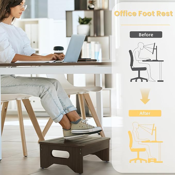 Wooden Step Stool for Adults & Kids, Non-Slip Rubber Feet, 6.5 INCH High, Lightweight Small Step, 450 LBS Capacity, Bed Step Stool for High Bed, Bathroom & Kitchen (Walnut)
