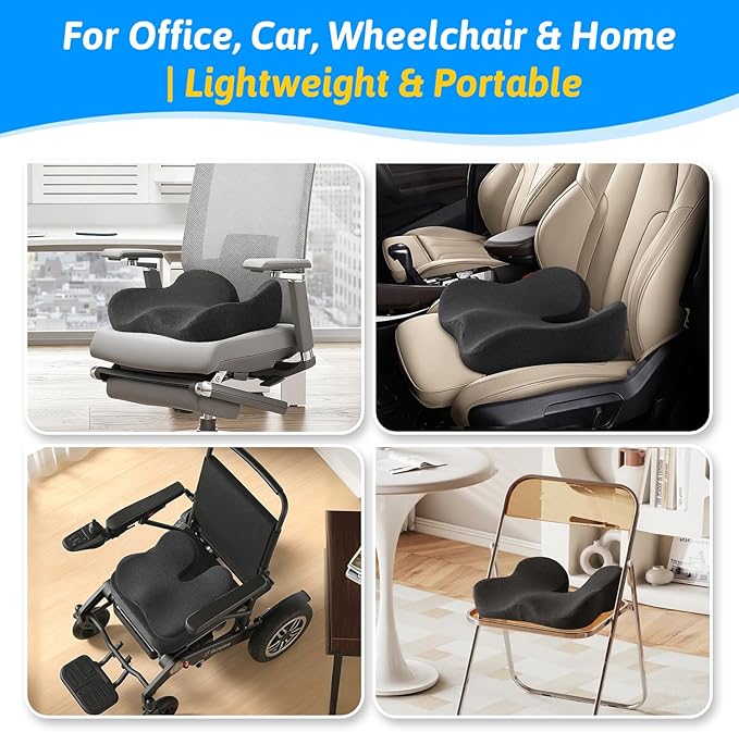 Seat Cushion for Tailbone & Sciatica Pain Relief – Certified & Ergonomist-Designed – Tapered Front Edge Reduces Thigh Pressure – Wide Memory Foam for Office Chair, Car, Wheelchair (Gray)
