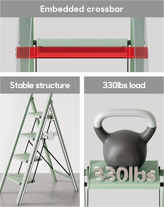 HillhutApex 4 Step Foldable Aluminum Step Ladder with Handgrip, Anti-Slip Pedal, 330 lbs Capacity, Lightweight & Portable for Home, Kitchen, Office, Garage (Pale Green)