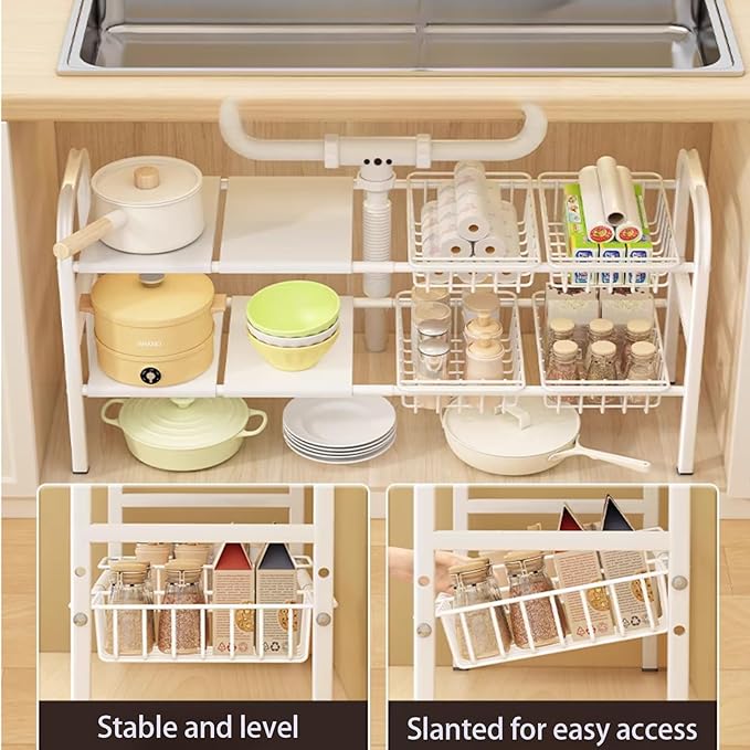 Under Sink Organizer，2 Tier Expandable Heavy Duty Metal Shelf，with 5 Removable Panels and 5 Storage Basket for Under Kitchen Bathroom Sink Organizers and Storage(White, Large)