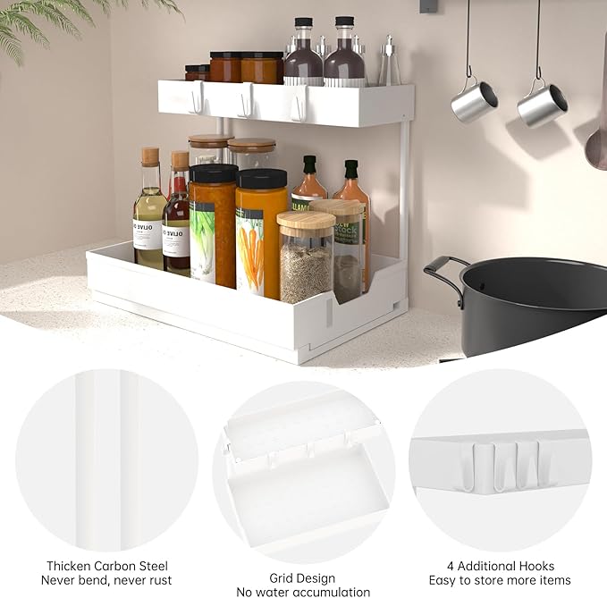 NATURE'S SOURCE 2-Tier Under Sink Organizers and Storage 2 Pack Sliding L-shape Under Cabinet Organizers For Narrow Space Multi-purpose Sink Organizer for Bathroom Kitchen Drawer(White 2 Pack)