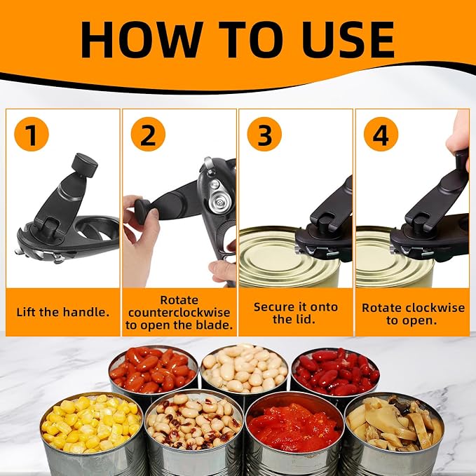 8 in 1 Multifunctional Can Opener, Black Smooth Edge Bottle Opener with Magnetic,360°Rotating Handle Can Opener Manual