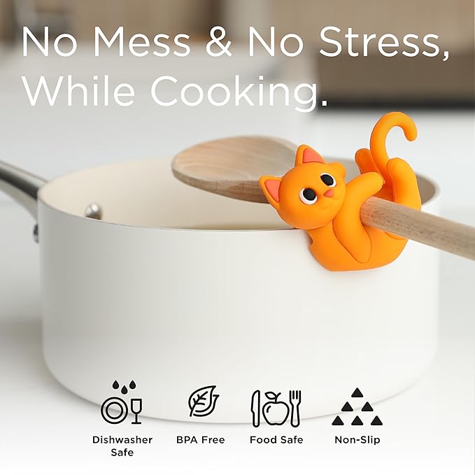 Orange Cat Spoon Rest for Stove Top – Silicone Pot Clip Utensil Holder & Lid Lifter – Funny Kitchen Gadget, Unique Orange Tabby Cat Gifts for Women – 3" x 2.5"