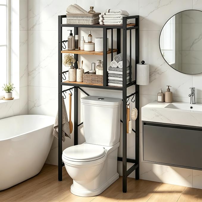 YATINEY Over The Toilet Storage Cabinet, 3-Tier Over The Toilet Storage Rack, Bathroom Organizer with Paper Holder 8 Hooks, Over The Toilet Shelf for Bathroom, Laundry, Rustic Brown and Black TR06BR