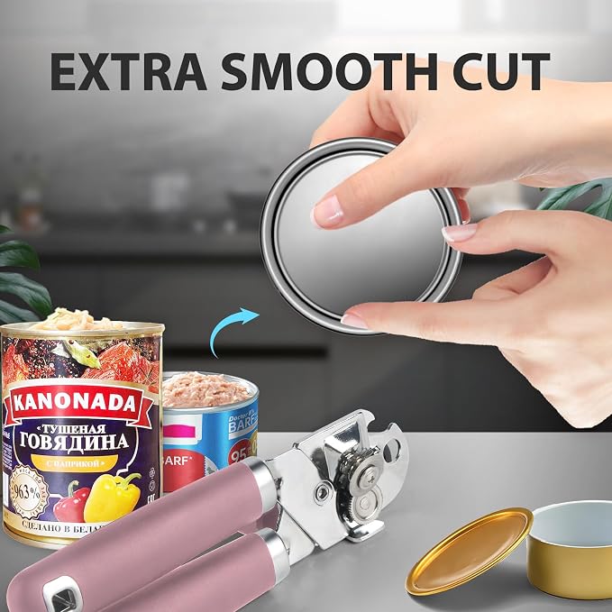 Safring Can Opener Manual, Heavy Duty Handheld Strong Can Opener with Soft Touch Handle, Sharp Blade Smooth Edge, Can Openers with Multifunctional Bottle Opener, Pink