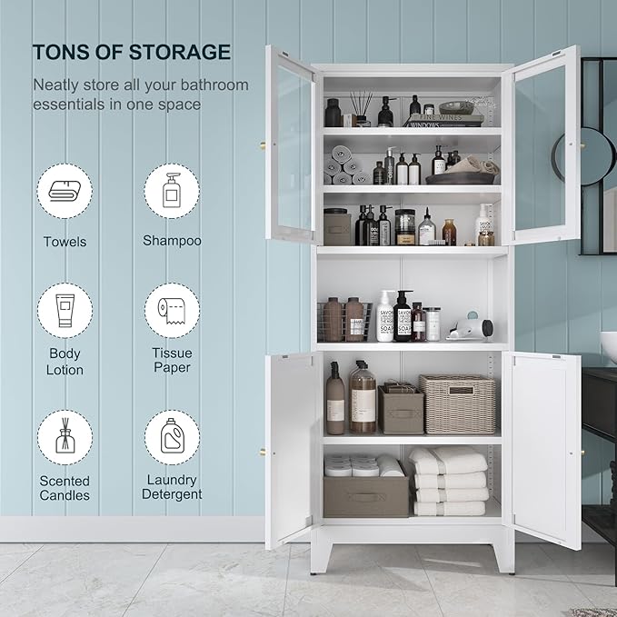 Bevivog 69" Pantry Cabinet,Tall Metal Storage Cabinet with 2 Glass Doors, Freestanding Display Cupboard Tall Bathroom Linen Cabinets with 5 Shelves Storage for Living Room Kitchen Pantry