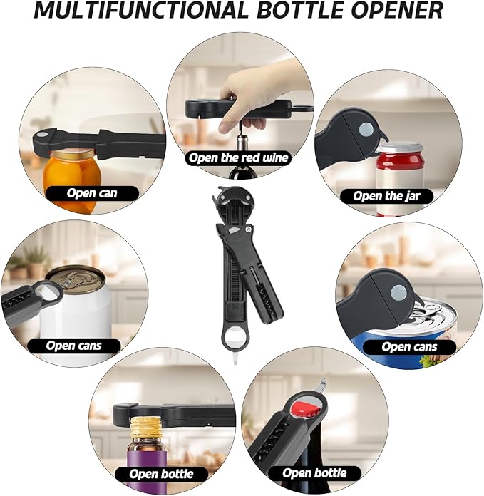 Jar Opener for Seniors with Arthritis, 7 in 1 Bottle Opener and Wine Corkscrew, Easy Grip Kitchen Gadget for Weak Hands Elderly, Retractable Jaw Lid Opener with Magnetic Storage (Black)