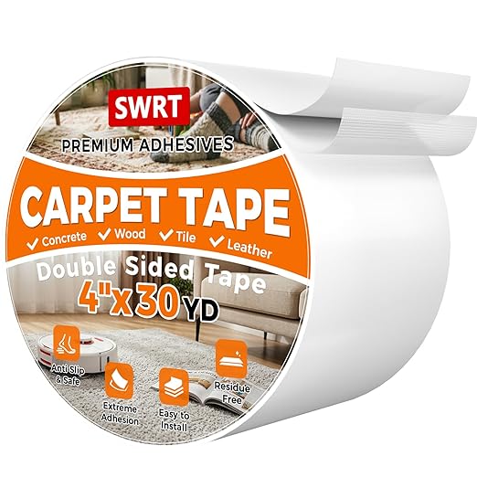 SWRT Carpet Tape Double Sided, 4 in x 30 Yards – Carpet Adhesive for Hardwood Floors, Heavy Duty Anti Slip Rug Grip Tape, Works as Rug Grippers, Residue Free, Wood Safe, Easy Removal for Tile