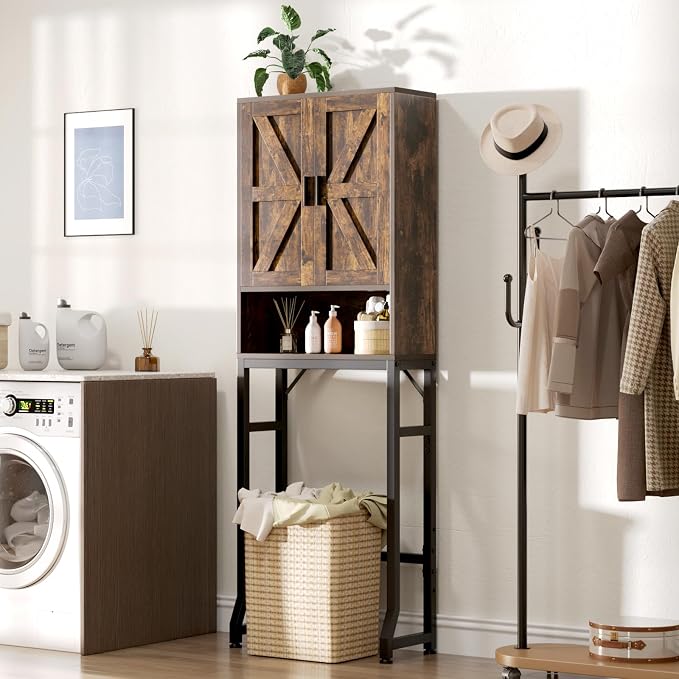 USHOWER Over The Toilet Storage Cabinet, Bathroom Organizers and Storage with Barn Doors, Thicken Metal Stand & MDF Wood Above Toilet Storage Cabinet, Freestanding Space Saver, Brown
