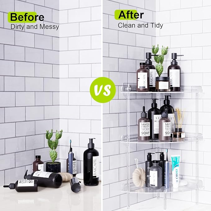 Bakzon Corner Shower Caddy, 3 Tier Acrylic Shower Organizer Corner for Inside Shower, Rustproof Floor Standing Shower Shelves for Bathroom, Clear