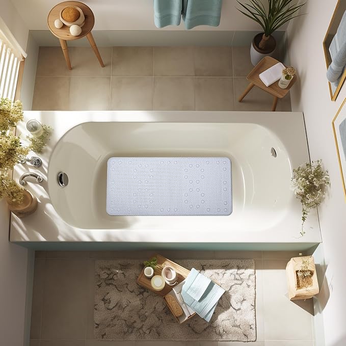Bathtub Mat Non Slip 36” X 17” Gray Blue Shower Mat Soft Foam Bath Mats for Bathroom Tub, Bathtub Mat with Drain Holes, Suction Cups, Shower Mat Non Slip