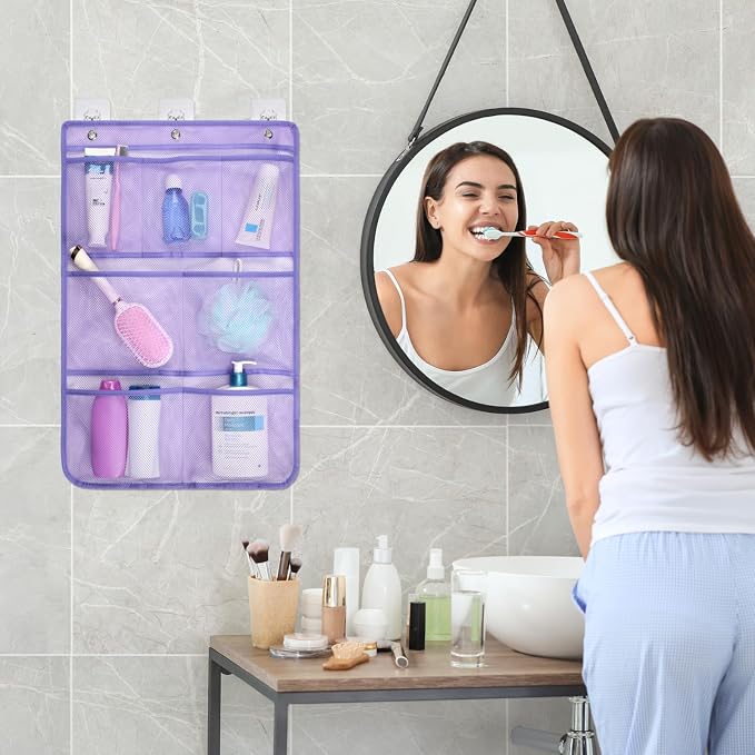 F-color Cruise Essentials 2026 - Mesh Shower Organizer Hanging with 7 Pockets for RV Gym Camping, Quick-Dry Portable Toiletry Bag with Metal Hooks for Bathroom Travel Toiletries, Purple