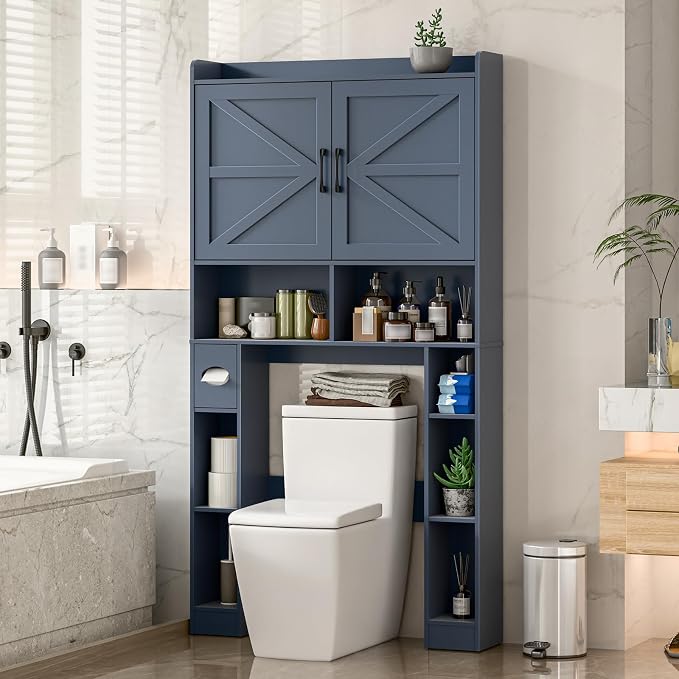 Over The Toilet Storage Cabinet, Farmhouse Toilet Cabinet Rack with Barn Doors, Space Saving Bathroom Organizer with Shelves, Toilet Paper Holder and Towel Rack for Bathroom,Restroom,Laundry,Blue