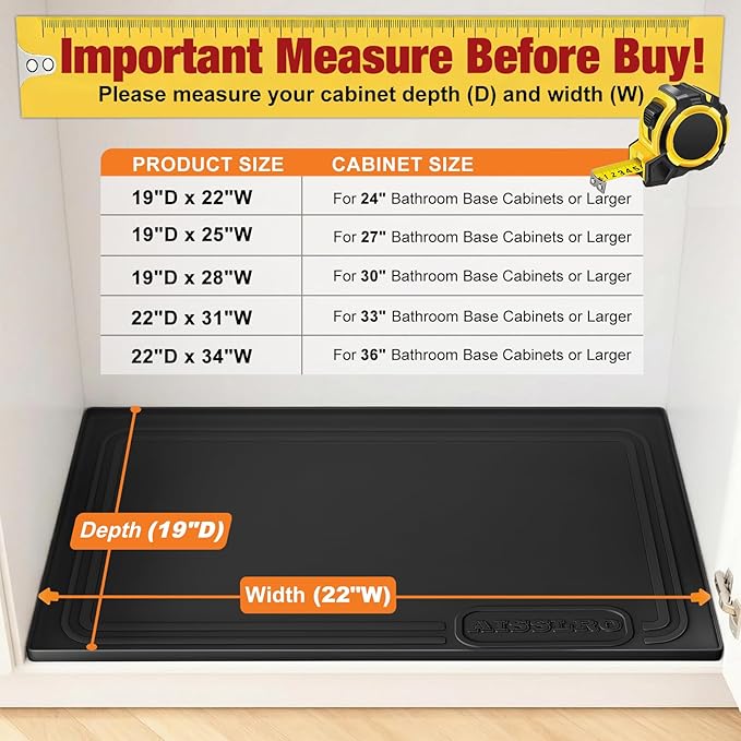 Aisslro Under Sink Mat 22" X 19", Waterproof Silicone Cabinet Organizer Protector with Raised Edge, Kitchen & Bathroom Leak Tray, Shelf Liner & Pet Feeding Mat for Dog Cat Food Mats, Black