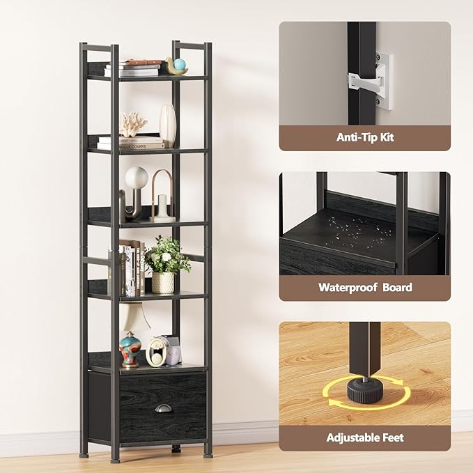 Furologee 6 Tier Bookshelf, Tall Shelf with Drawer, Wood and Metal Bookshelves Storage Organizer, Industrial Display Shelving Unit for Bedroom, Living Room, Home Office, Black Oak