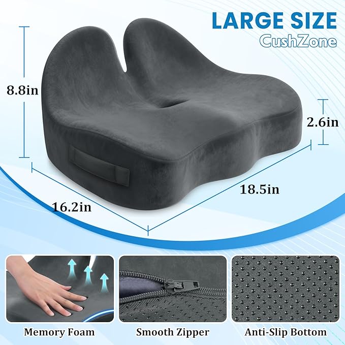 CushZone Seat Cushion, Memory Foam Office Chair Seat Cushion for Office Chairs/Car/Long Trip/Desk Chair/Gaming, Extra Large Size for Sciatica & Hip & Tailbone Pain Relief, Sciatica Support (Grey)