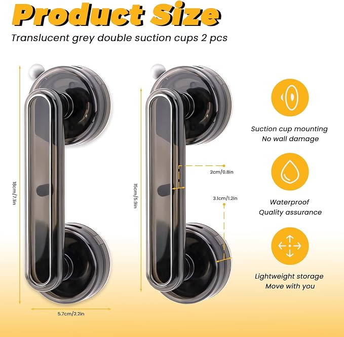Huakaile 2 Pieces Transparent Gray Suction Cup Handle for Sliding Glass Door, Hole-Free Waterproof Suction Grab Bars for Shower Heavy Duty Window Kitchen Drawer Bathroom (Transparent Gray)