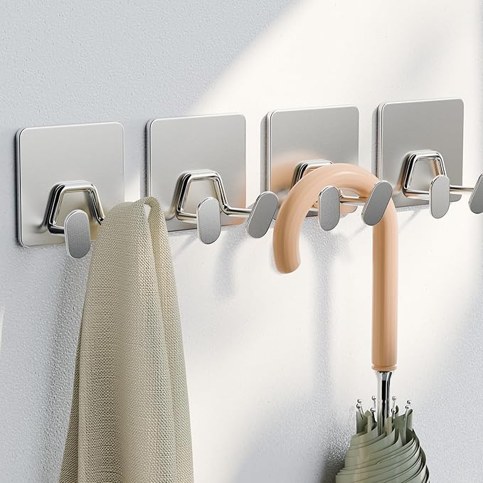 susswiff Shower Hooks for Inside Shower - Extra Sticky Stainless, Razor Holder Accessories, Wall Mounted Self-Adhesive Double Hooks for Razor, Loofah, Towel, Shaver, Coat, Key, Silver 6 Pack