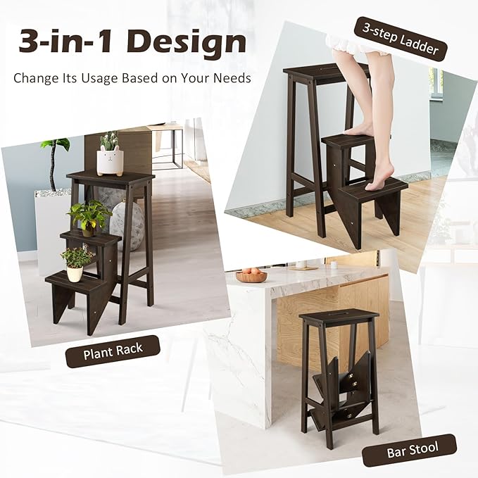 DORTALA 3 Tier Folding Step Stool, Rubber Wood Multifunctional Ladder Chair Bench, Portable Utility Seat, Flower Rack, 200 Lbs Capacity, Ideal for Library, Home (Coffee)