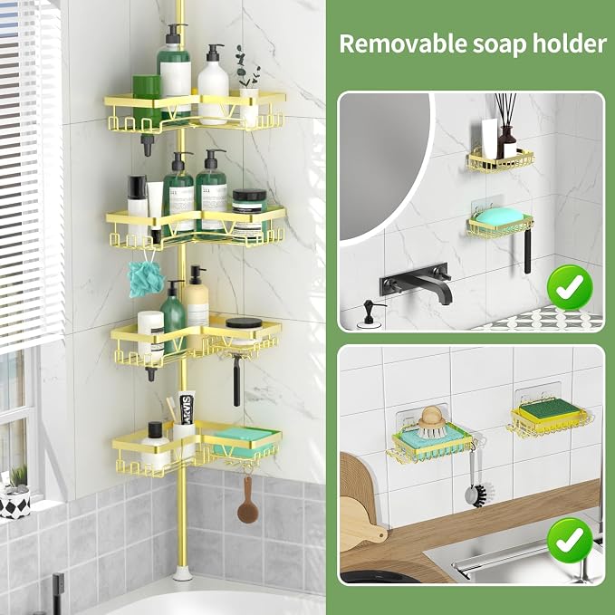 DAOYA Shower Caddy Tension Pole with 2 Soap Holders, Adjustable Corner Shower Caddy, Gold Finish, Expandable 25-114.2 Inches for Bathtub Corner, Bathroom Storage Organizer