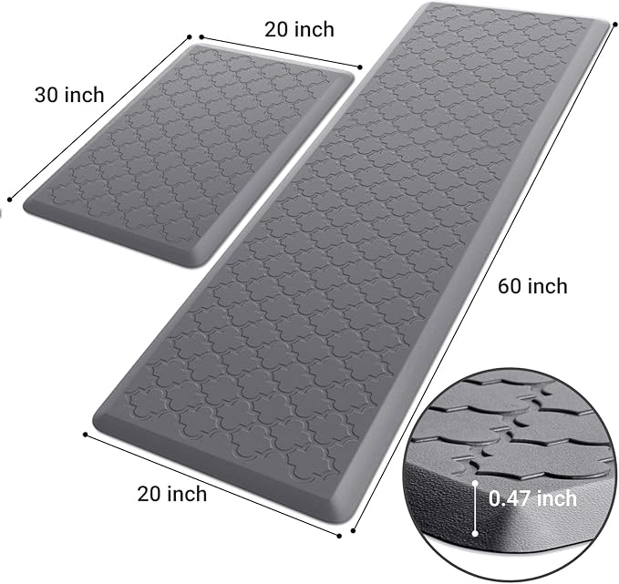 Kitchen Mat [2 PCS] Cushioned Anti-Fatigue Floor Mat Water Resistant Non-Skid Kitchen Mats and Rugs Ergonomic Comfort Foam Kitchen Rugs Standing Mat for Floor Office Sink (Grey,20"x30"+20"x60")