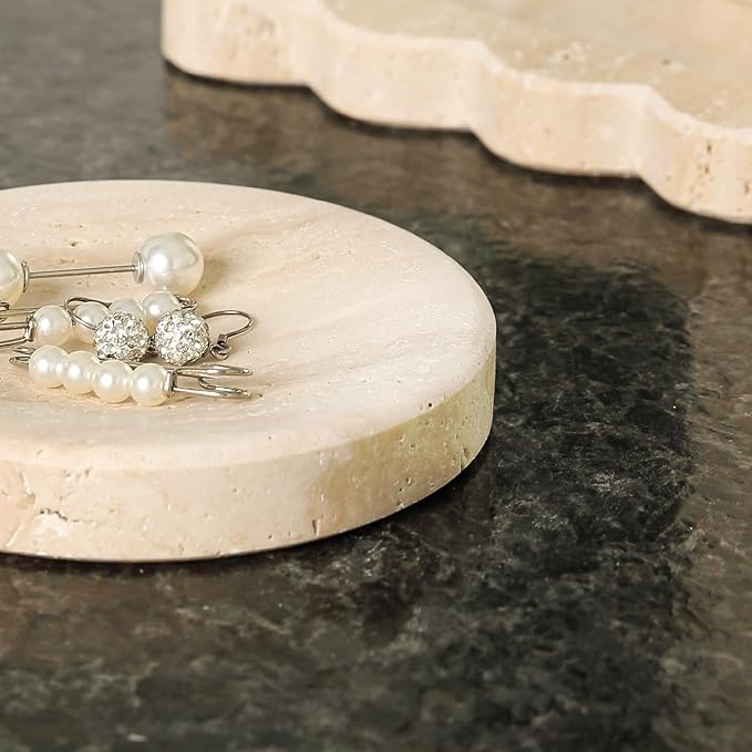 Koville Marble Jewelry Dish, Small Round Trinket Dish for Ring Necklace Earring, 4" Decorative Dish, Natural Stone Soap Dish for Bathroom Kitchen