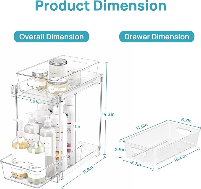 Vtopmart 4 Pack Higher Bathroom Organizer, 2 Tier White Under Sink Organizers Vanity Countertop Storage Container,Cabinet Drawers Bins, Pull-Out Organization with Track for Pantry, Kitchen