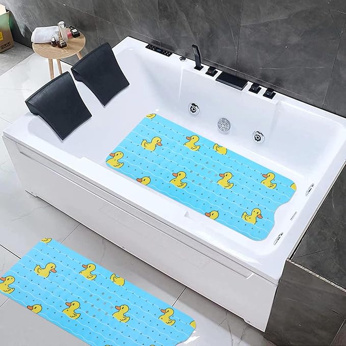 Bath Mat for Tub Non Slip Baby Kids Bathtub Mat Extra Long 40X16 Inch Blue Toddler Shower Mat Anti Slip Tub Mat with Suction Cups & Drain Holes, Machine Washable,Duck