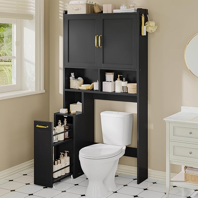 UPOSOJA Over The Toilet Storage Cabinet with Pulley Bathroom Storage Cabinet, Space Saver W/Adjustable Shelf & Open Shelf for Bathroom, Restroom, Laundry (Black)