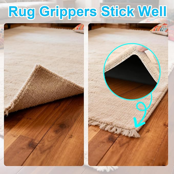 8 PCS Triangle Rug Tape, Double-Sided Non Slip Carpet Grippers, No Residue No Damage Anti-Curling Rug Pads, Keep Corners Flat for Hardwood Floors Tiles and Area Rugs