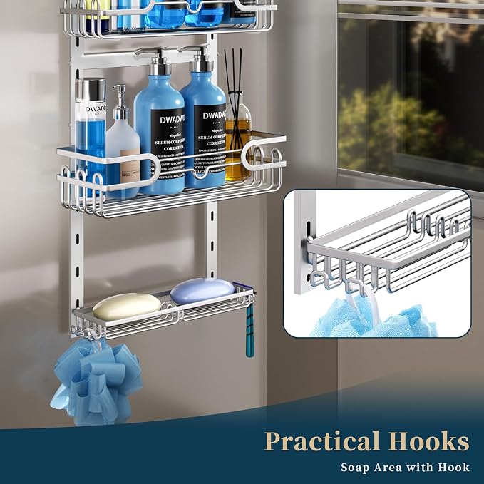 Consumest Over The Door Shower Caddy - 4 Tier Adjustable Hanging Shower Organizer Shelf with 2 Soap Holders & 22 Hooks, Rustproof Easy Installation Hanging Storage Rack for Bathroom, Silver
