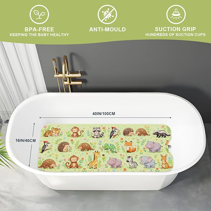 XIYUNTE Baby Bath Mat for Tub Non Slip Kids, BPA Free Extra Long Bathtub Mat 40x16 with Drain Holes and 200 Suction Cups, Non Toxic Machine Washable Toddler Bath Mat, Eco-Friendly Certified