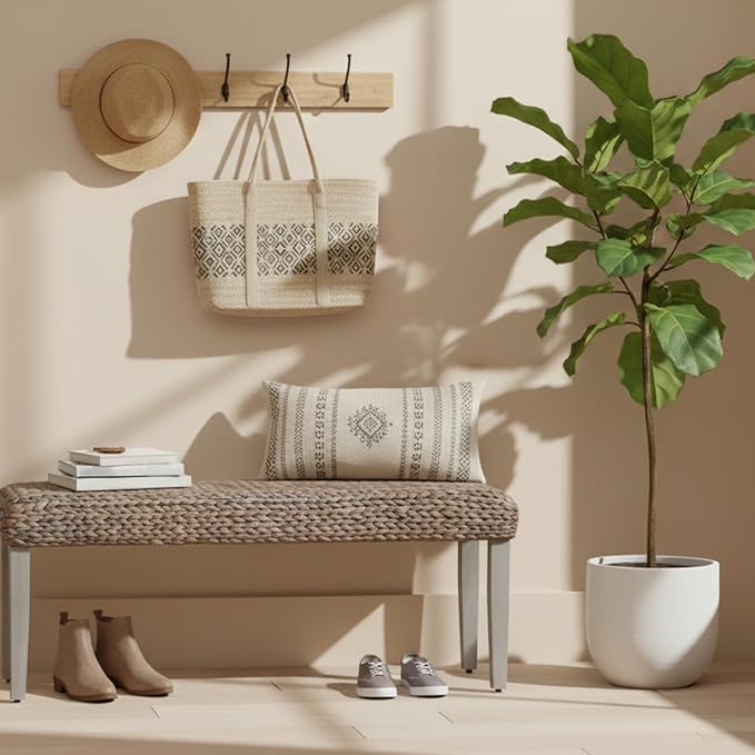Solid Wood Acacia Indoor Bench with Natural Woven Water Hyacinth Seat, Wood Bench for Living Room or Entryway, Vintage Bench, Fishbone Style, Grey Leg